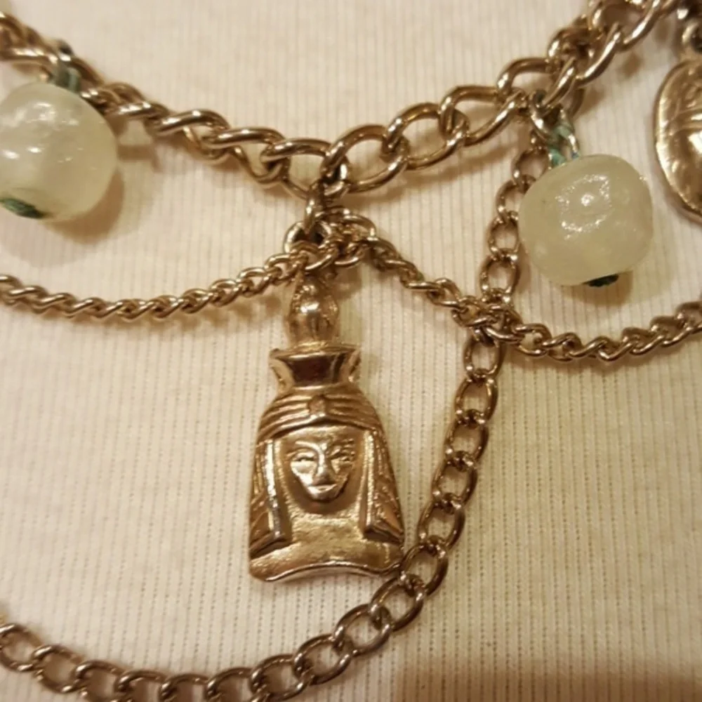 VTG EGYPTIAN REVIVAL BOHO MULTI LAYER‎ GOLD PEARL CHOKER NECKLACE
